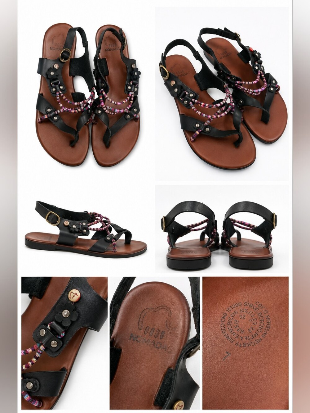 NOMADA Women's Leather Gladiator Sandals Size 7 Black Boho Colorful Strap